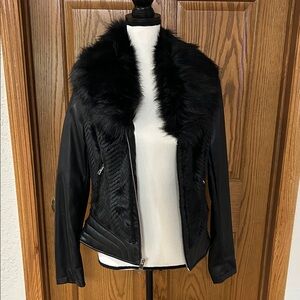 Guess Black Leather Jacket with Faux Fur Collar